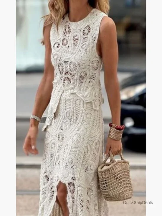 Crochet Knit Two Piece Skirt Set Sleeveless Tank Slim Fit - Picture 4 of 6